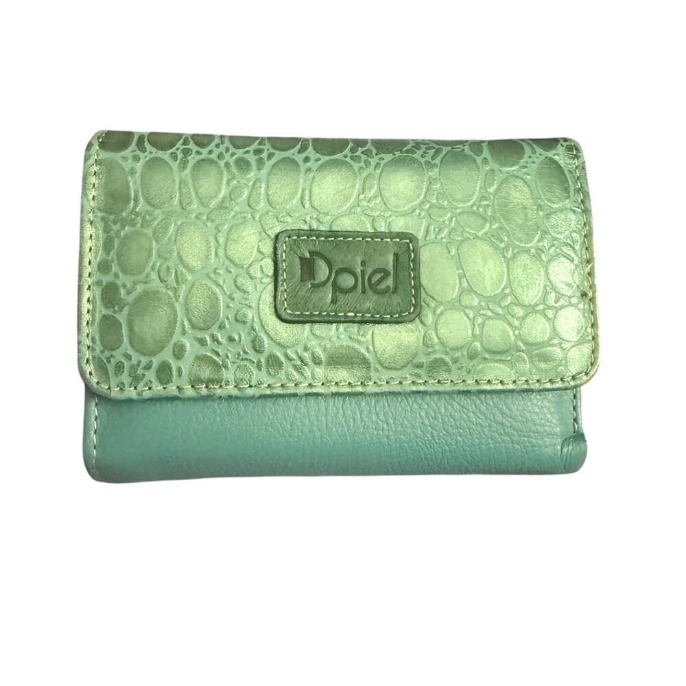 RARE Piel Wallet Handmade Textured Leather Green Teal Bifold Snap Tons Space